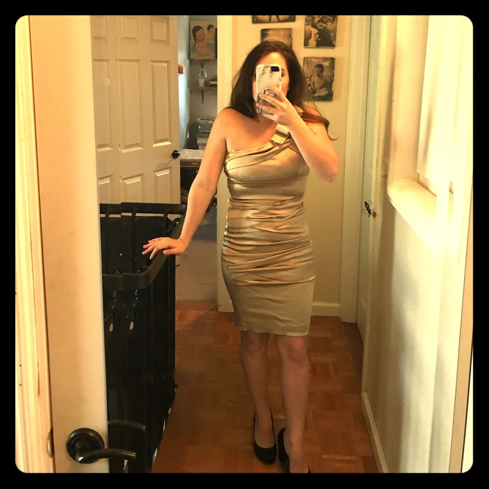 One shoulder gold midi formal dress